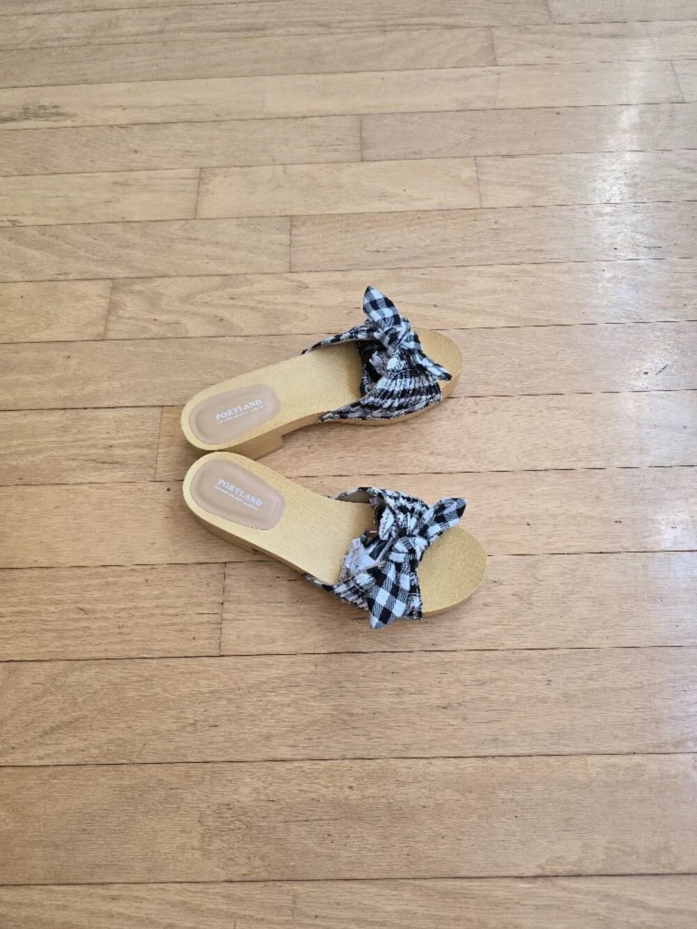Portland Boot Company | Callie gingham black white bow platform sandals | WMS 8